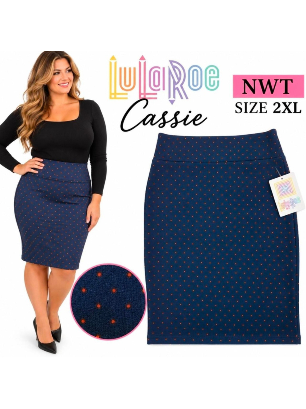 LuLaRoe Cassie Navy Red Polka Dot Pencil Skirt NWT 2XL